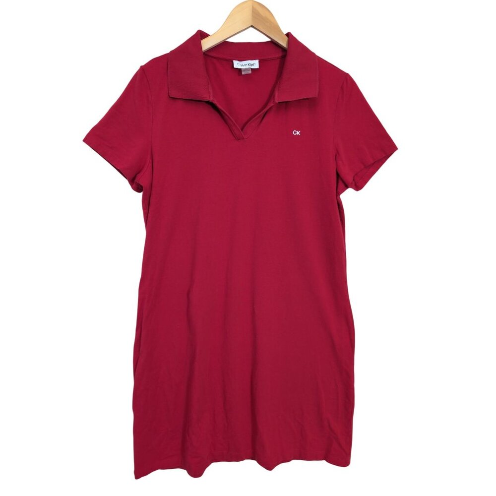 Calvin Klein Polo Shirt Dress‎ Womens L Red Short Sleeve Pullover Casual Preppy
